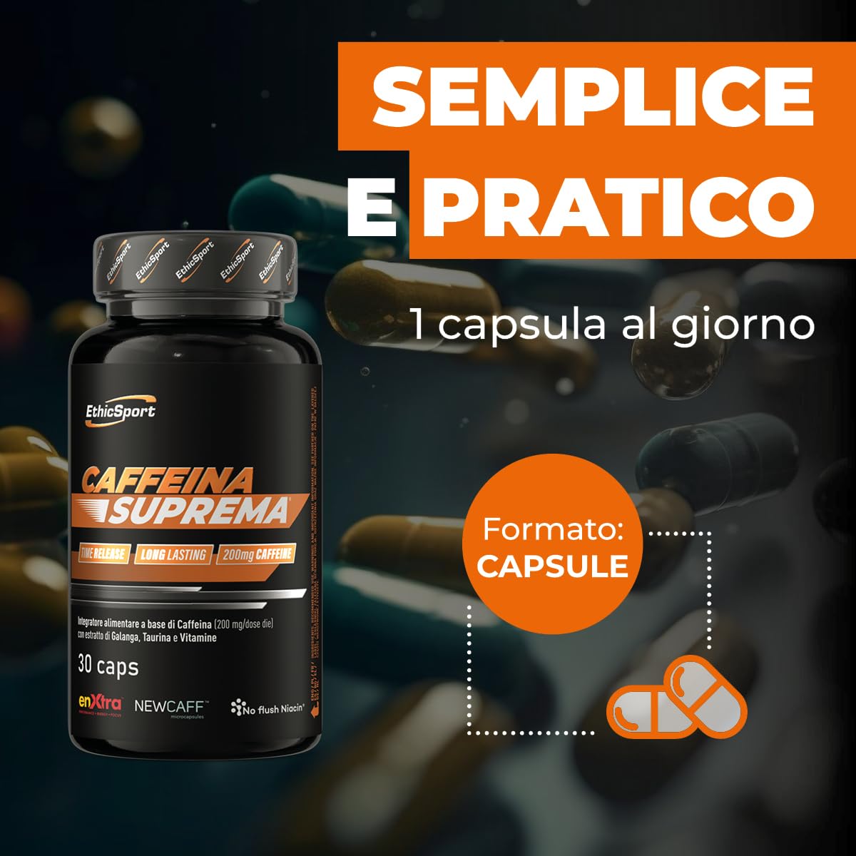 ETHICSPORT Caffeina Suprema 200 mg di Caffeina a rilascio modulato con NEWCAFF, EnXtra, Teanina e Taurina – utile per lucidità mentale e concentrazione – 30 capsule vegetali
