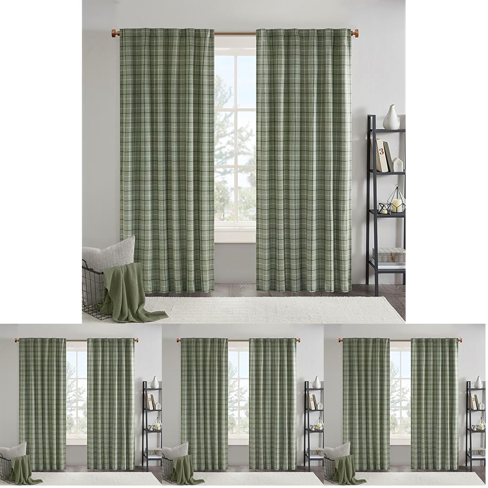 Madison Park Anaheim Cabin Plaid Curtain Window, Thermal Insulated Fleece Lining, Living Room Decor Room Darkening Drape for Bedroom,50" Wx95 L, Rod Pocket&amp;Back Tab,Green (Pack of 4)