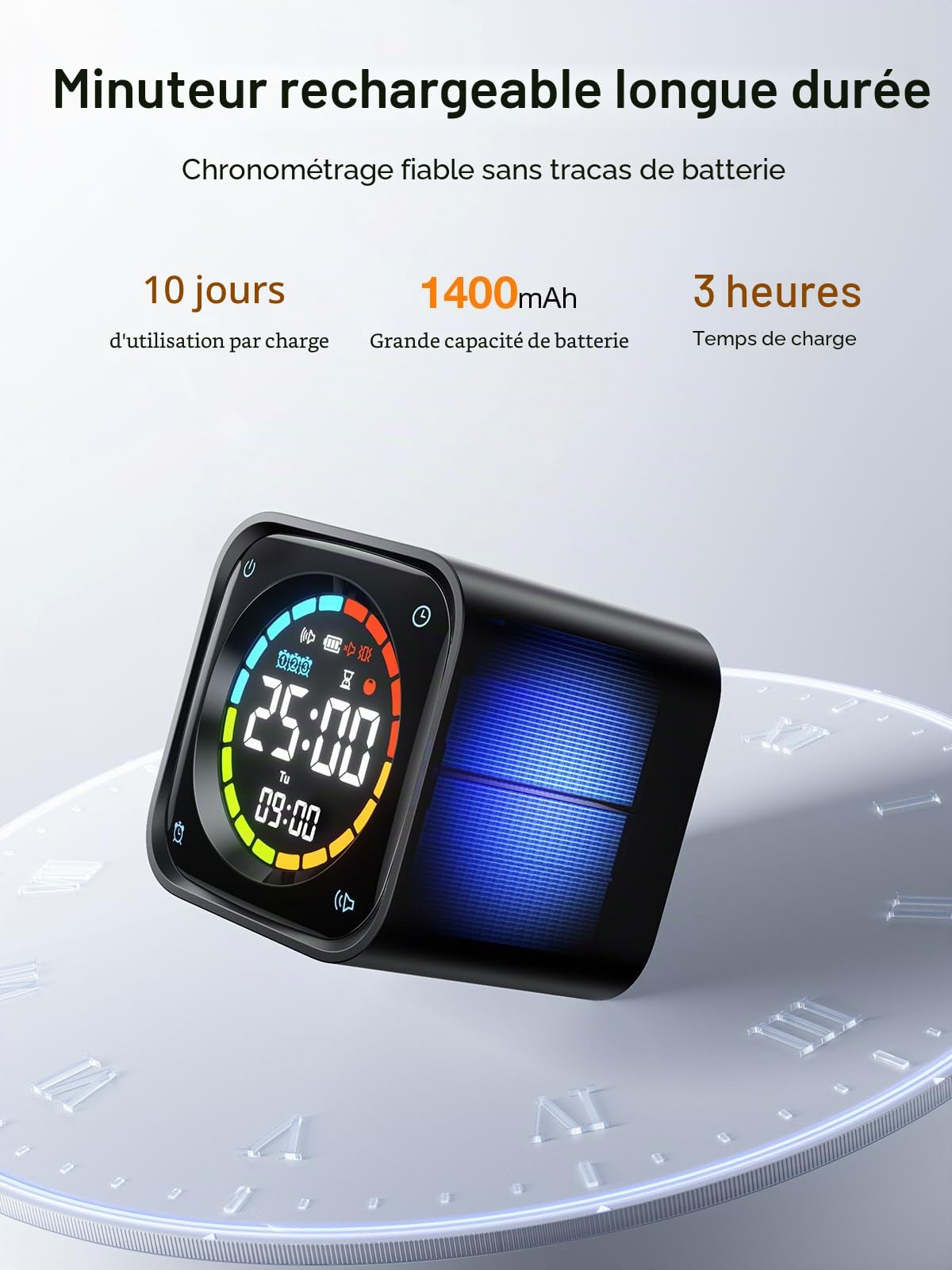 Ticktime TK3 Minuteur Pomodoro Cube, Préréglages 5/10/30/60 Min, Compte à Rebours Personnalisé, Chronomètre & Horloge, 3 Alarmes, Silencieux/Vibration/Son, Rechargeable pour TDAH Etude Travail, Noir