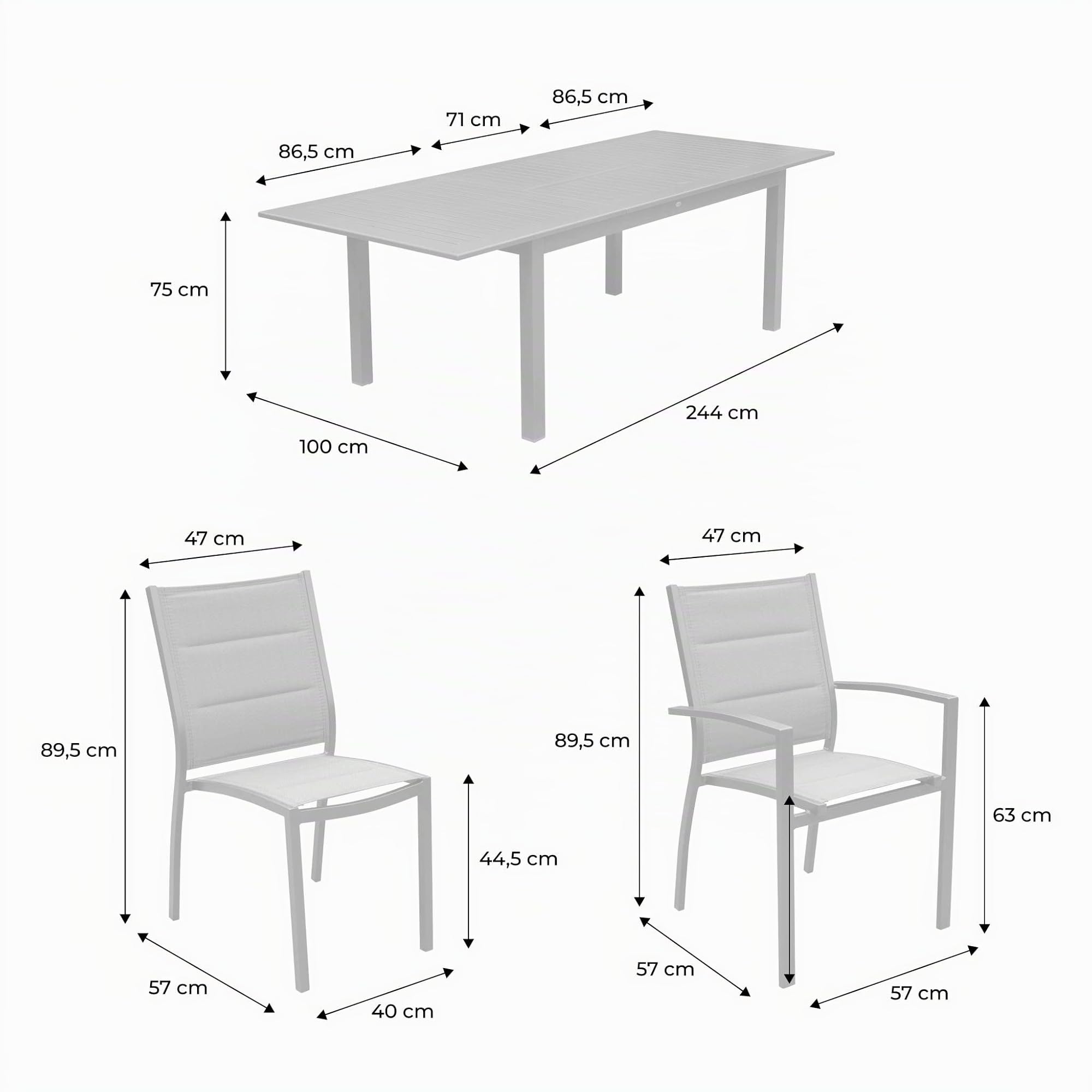 Alice's Garden - Table de Jardin Extensible Aluminium + 8 assises - Chicago Gris - Table en Aluminium 175/245cm avec rallonge et 8 assises en textilène