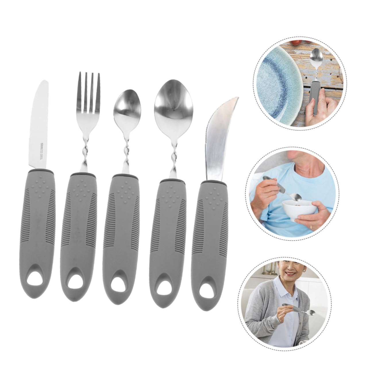 Cubiertos Adaptativos Antitemblor para Ancianos Mango Ergonómico Flexible de Gris Utensilios de Rehabilitación para Personas con Movilidad Reducida para Comer Interiores