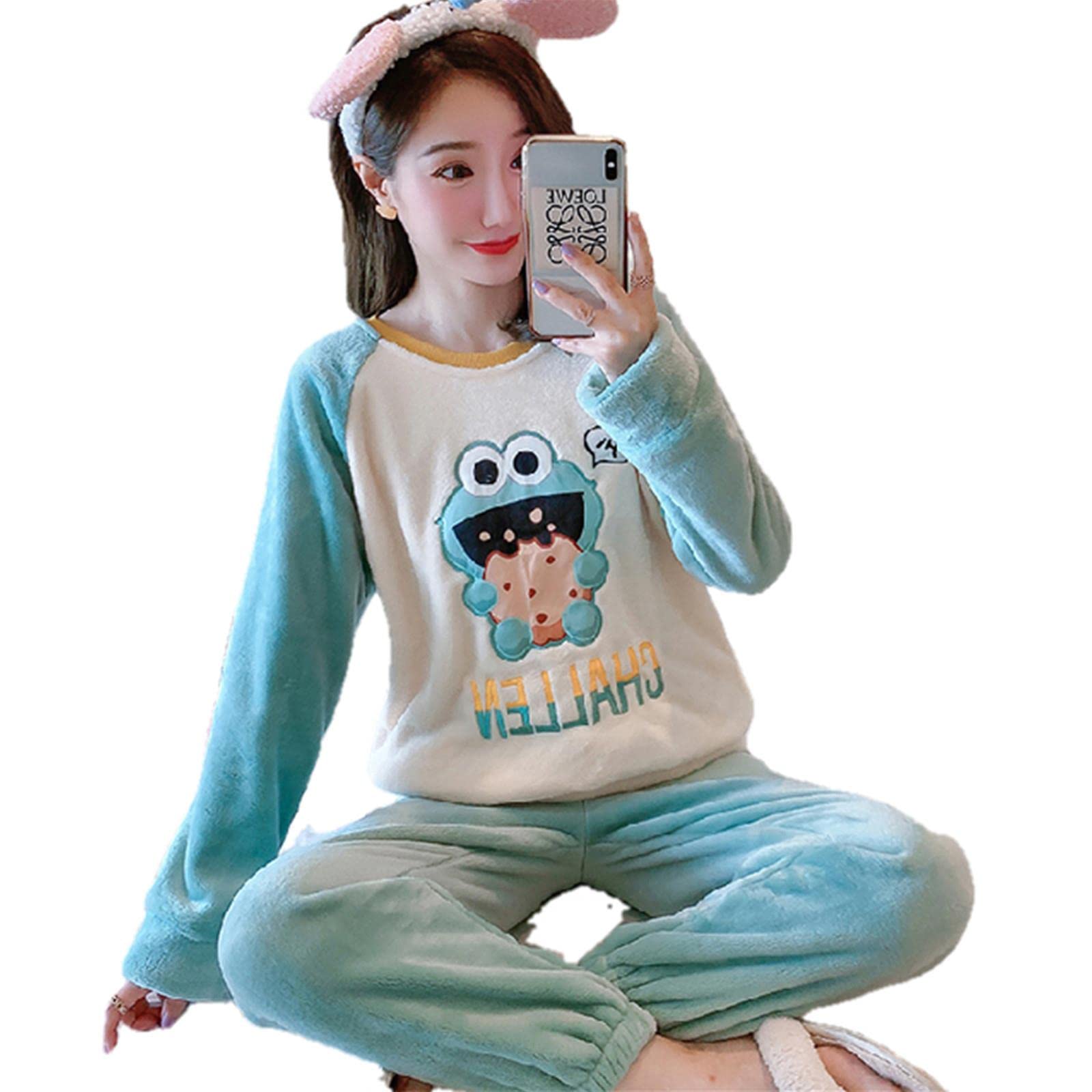 UKKO Loungewear Ladies Pajamas Set Winter Flannel Striped Pajamas Set Women'S Long Sleeve Pajamas Keep Warm And Cute