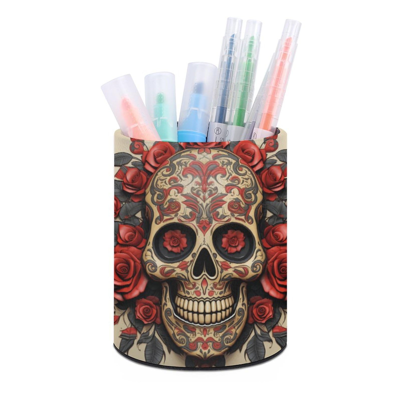 JTREHY Round Pen Holder,Red Rose Sugar Skull Printed Makeup Brush Storage Box for Home Office Dressing Table