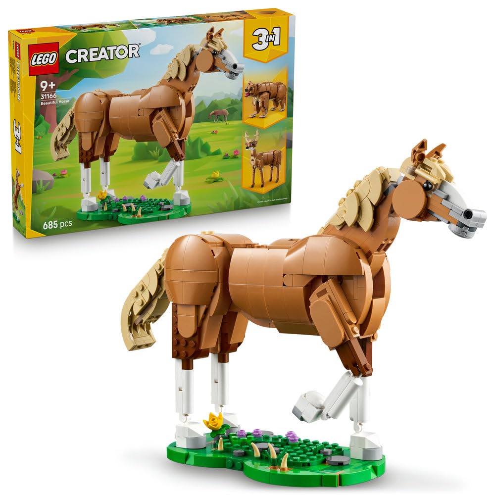 LEGO Creator 3 w 1 Piękny koń 31166 | Zestaw klocków konstrukcyjnych, figurka konia do przebudowy na niedźwiedzia lub jelenia, prezent dla dzieci 9+, 685 elementów