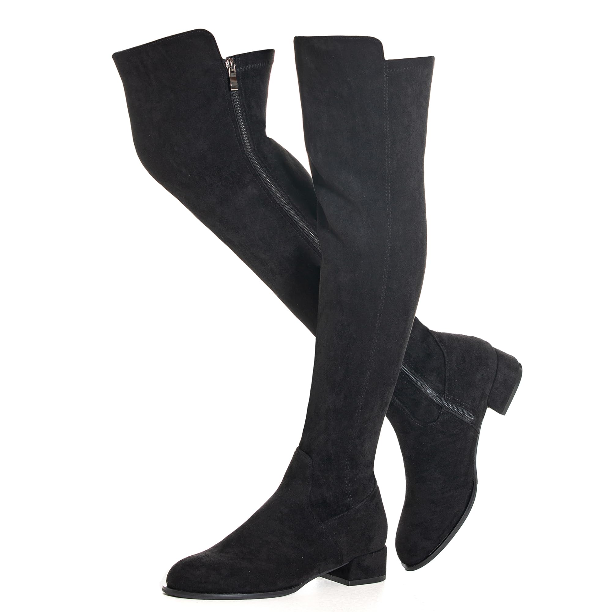 N N G Women Over Knee Boots Suede Thigh High Long Comfort Black Winter Low Square Toe Block