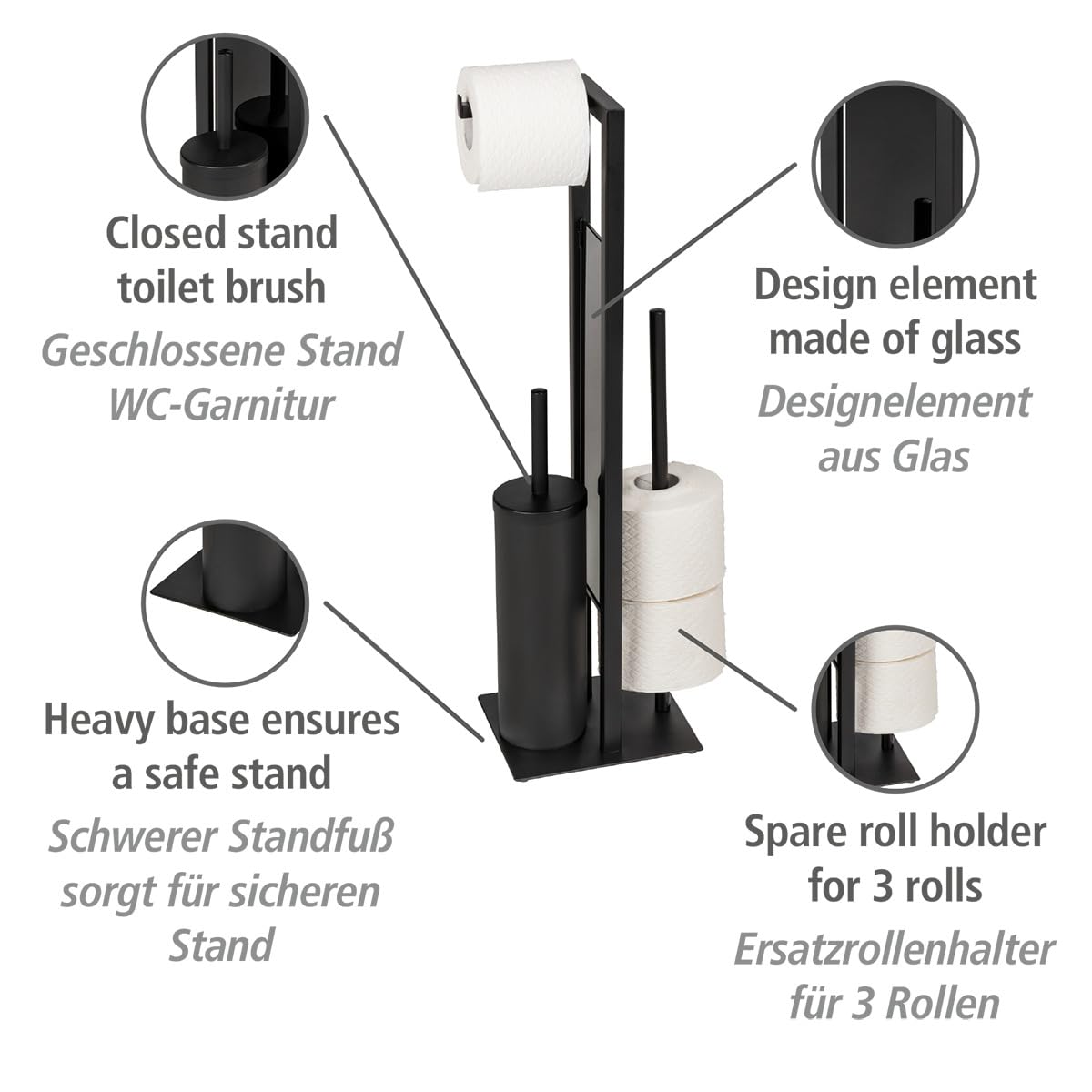 WENKO Stand WC-Garnitur Mod. Rivalta geschlossene Toilettenbürstenhalter Kombination aus matt lackiertem Stahl und Sicherheitsglas mit Toilettenpapier- und Ersatzrollenhalter Schwarz 18 x 70 x 23 cm