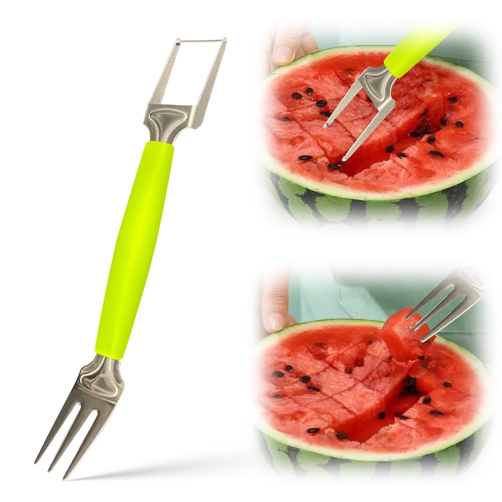 2-in-1 Stainless Steel Fruit Cutter, 2025 Upgrade Stainless Steel Watermelon Cutter Slicer Tool, Portable Watermelon Cutter Fruit Fork for Summer Home Kitchen Camping Party (1)