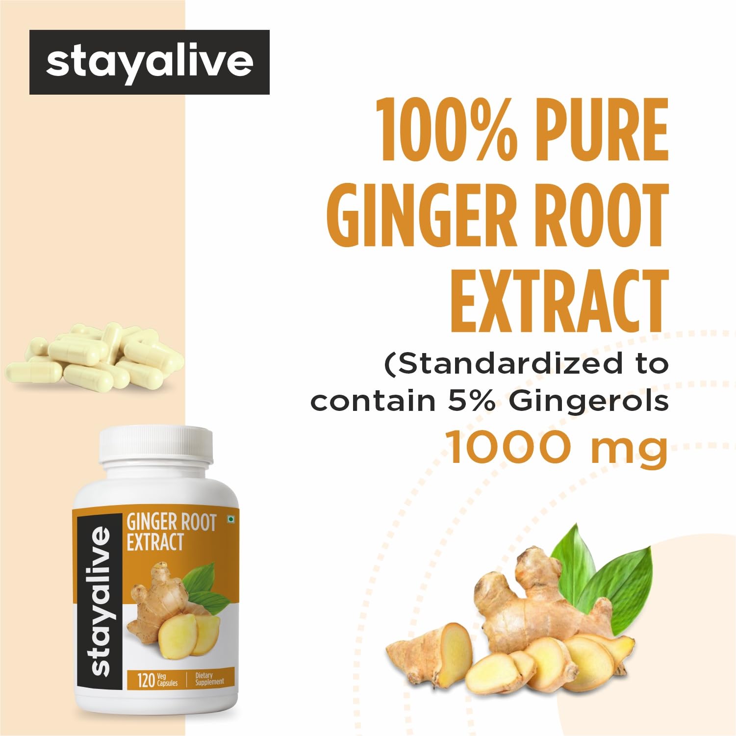 StayAlive Pure Ginger Root Extract 10,000mg with 5% Gingerols, 120 Ginger Root Capsules for Nausea, Immunity and Digestive Health, 10:1 Super Extract Powder, Non-GMO and Gluten-Free Ginger Supplement 1