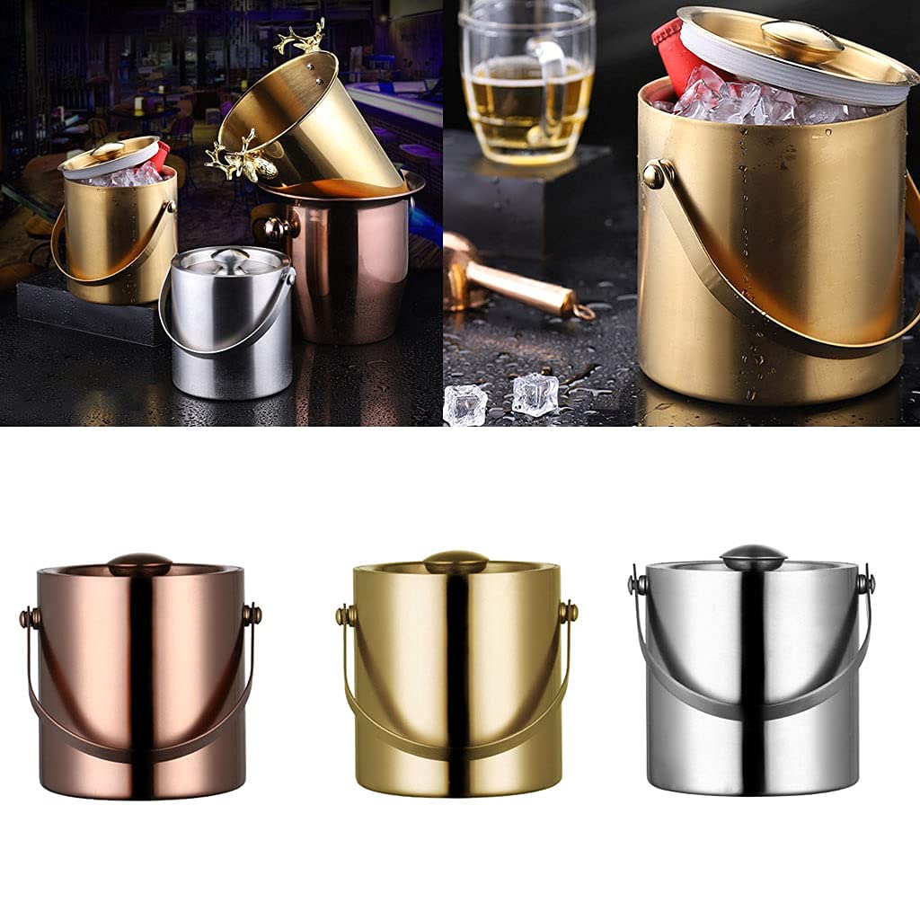 Cubo de hieloCubo de Hielo con Tapa y Pinzas de hieloCubo de Aislamiento térmico Doble Barra nórdica de 3 litros KTV Cubo de Hielo de Acero Inoxidable para Cerveza An