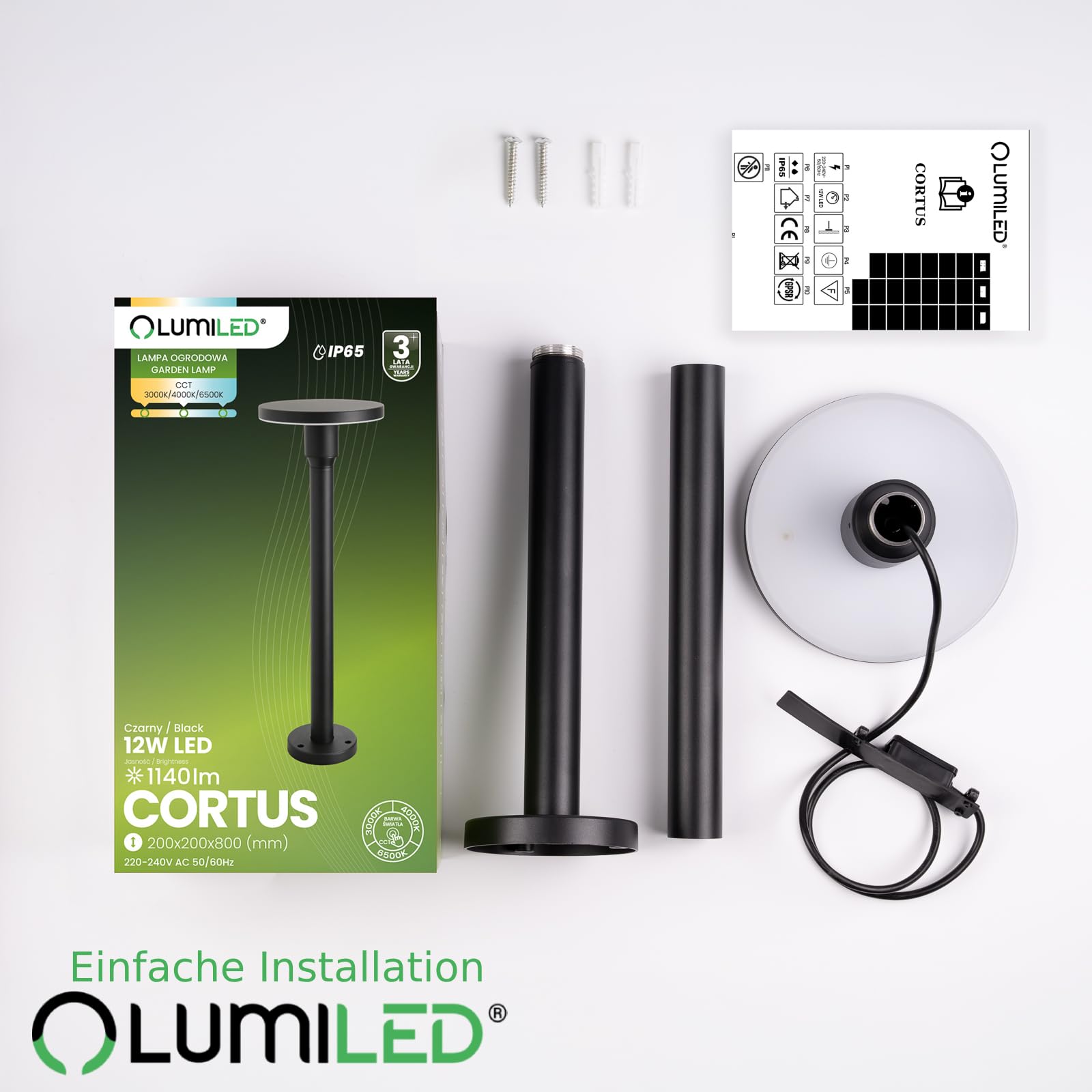 Lumiled LED Wegeleuchte CCT 12W 3000–6500K 80cm IP65 Aluminium Schwarz Pollerleuchte Gartenleuchte Außen Stehlampe wasserdicht Modern Außenleuchte Wegbeleuchtung für Terrasse und Einfahrt