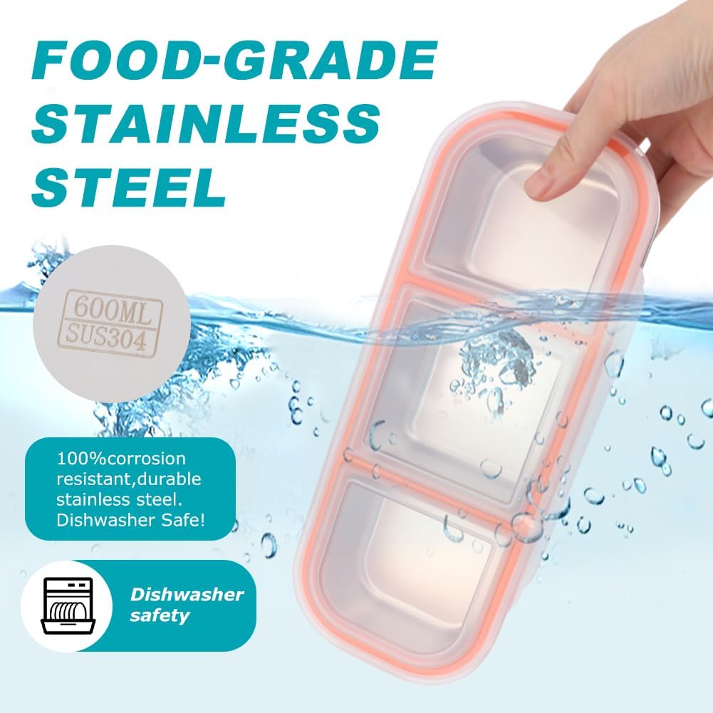 3Pack Stainless Steel Snack Containers, 2/3 Compartment Leakproof Bento Boxes with Lids, Reusable for Kids & Adults, Stackable, Dishwasher Safe(Sliver,Size:10.24inch) - Image 9
