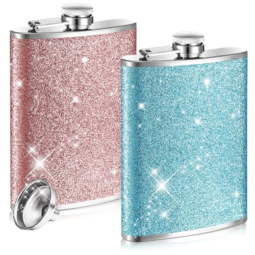 Meanplan 2 Pack 8 oz Glitter Bling Flasks for Liquor for Women Leakproof Stainless Steel Whiskey Pocket Flask with Funnel for Christmas Wedding Alcohol Drink Wine Party Gift