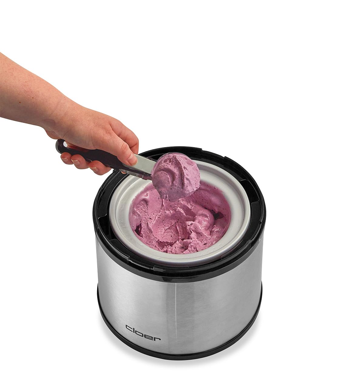 Cloer 9959 Sorbetière pour crème glacée, glace, yaourt glacé et sorbet, capacité 1,5 l, écran LED, cuillère à glace incluse, boîtier en métal