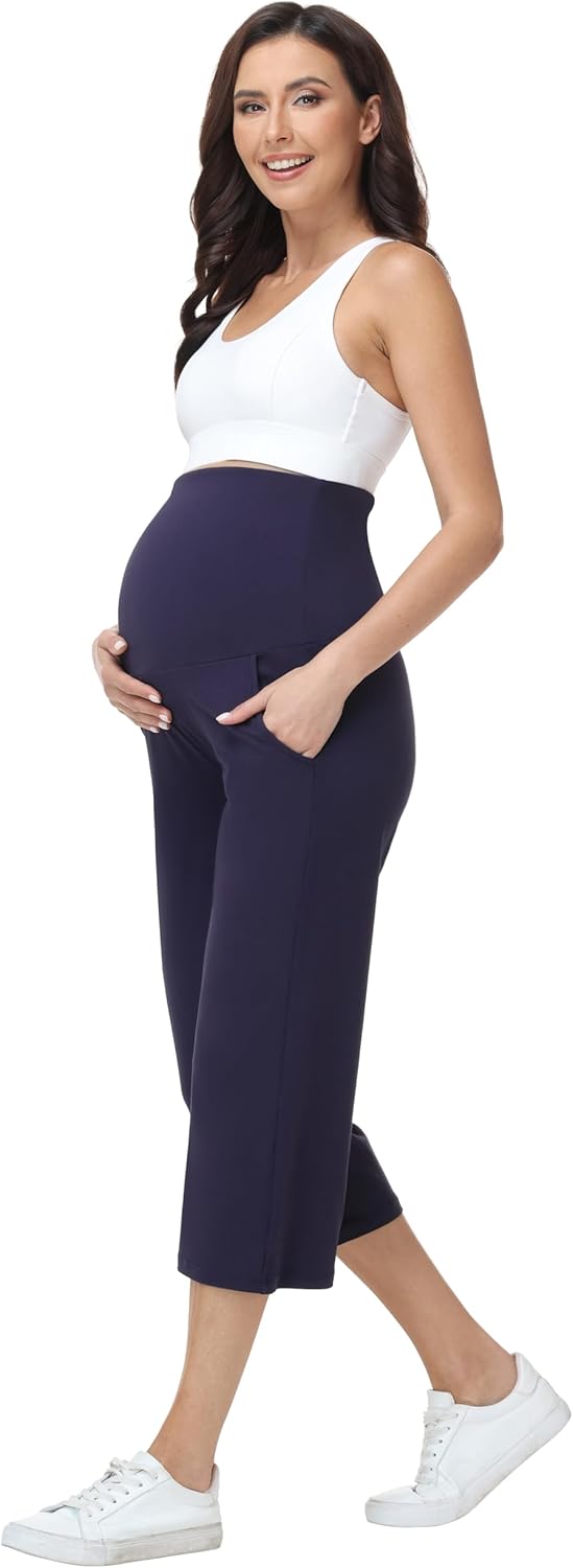 3 Pack Women's Maternity Capris Over Belly Wide Leg Yoga Pants Stretchy Casual Pregnancy Cropped Pants