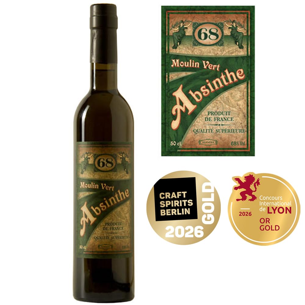 Absinth Moulin Vert von ALANDIA | Mit Goldmedaillen prämiert | Original Rezeptur aus Frankreich | Mit Weinalkohol destilliert | 68% Vol. | (1x 0,5 l)