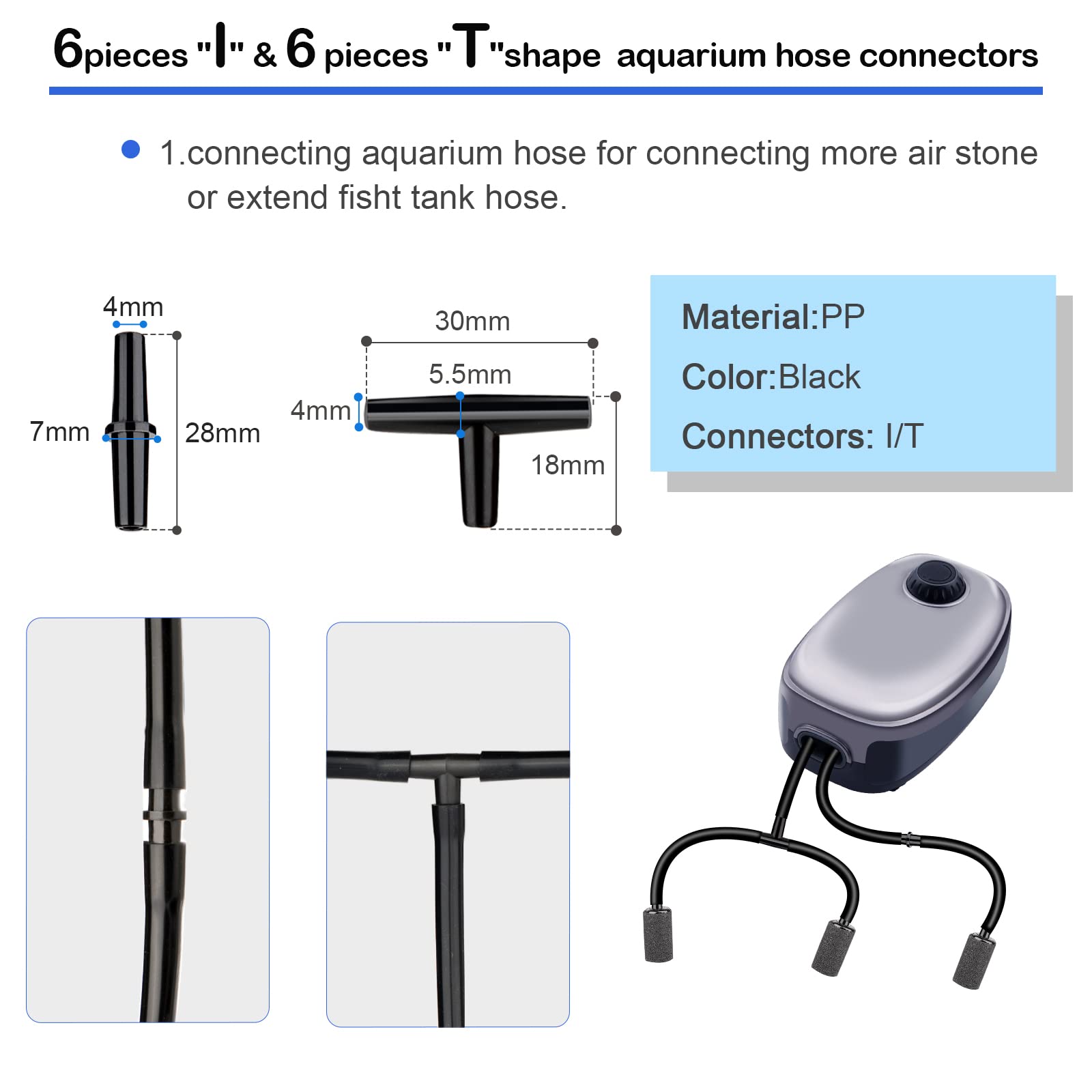 NestBasics Tubo de aire para acuario de 100 pies, color negro, 12 piedras de aire para acuario, 12 comprobaciones de valor para pecera, 12 ventosas de acuario, 6 controladores de aire de acuario y