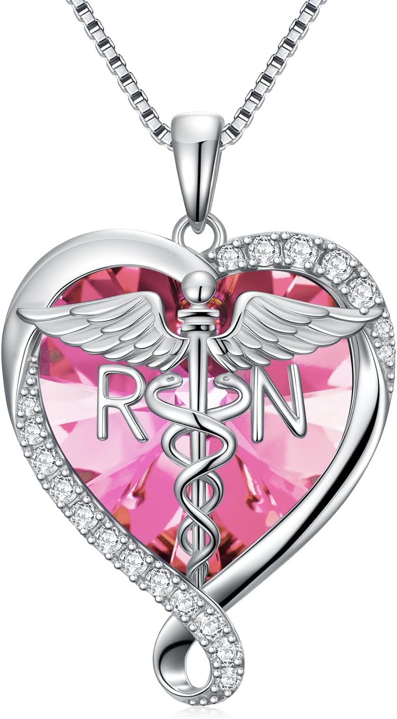 JKR Valentines Day Gifts for Nurses Sterling Silver Caduceus Nurse Necklace Doctor Nursing Themed Pendant with Birthstone RN Medical Jewelry Nurse Week Gifts for Women Mom Wife Student Birthday Graduation