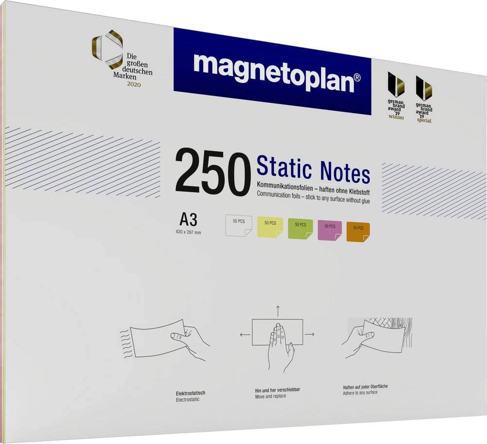 magnetoplan Static Notes, 100 Stk., farbig sortiert, A3 | BxH 420x297 mm | Elektrostatische Haftnotizen für Moderation & Präsentation