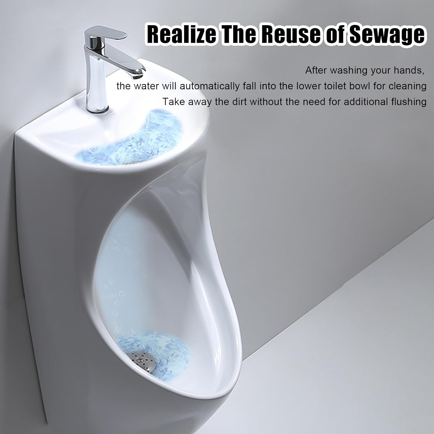 Wall-Mounted Men Urinals with WashBasin and Faucet, Ceramic Spill Proof Anti-Clogging Urinal, Water Saving Urinal for Bars Hotels Public Toilet