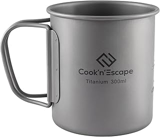 COOK'N'ESCAPE Taza de titanio para camping – Taza de camping ultraligera con asa plegable, colgante, resistente al calor, ideal para camping, senderismo y picnic al aire libre (300 ml)