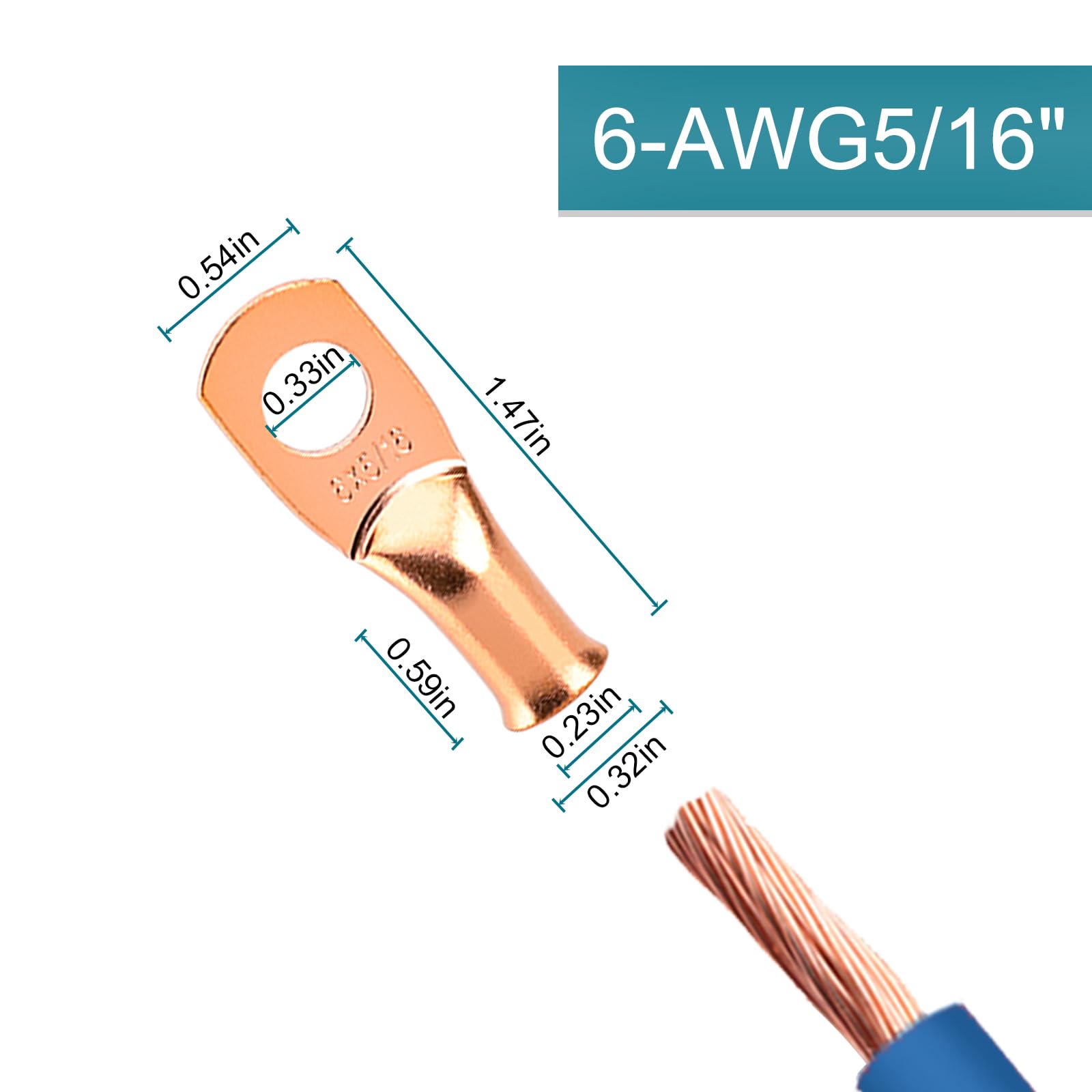 HOUSUN Battery Cable Ends, 8PCS 6 Gauge Wire Connectors 5/16 Copper Wire Lugs, Bare Copper Eyelets with Heat Shrink Tubing