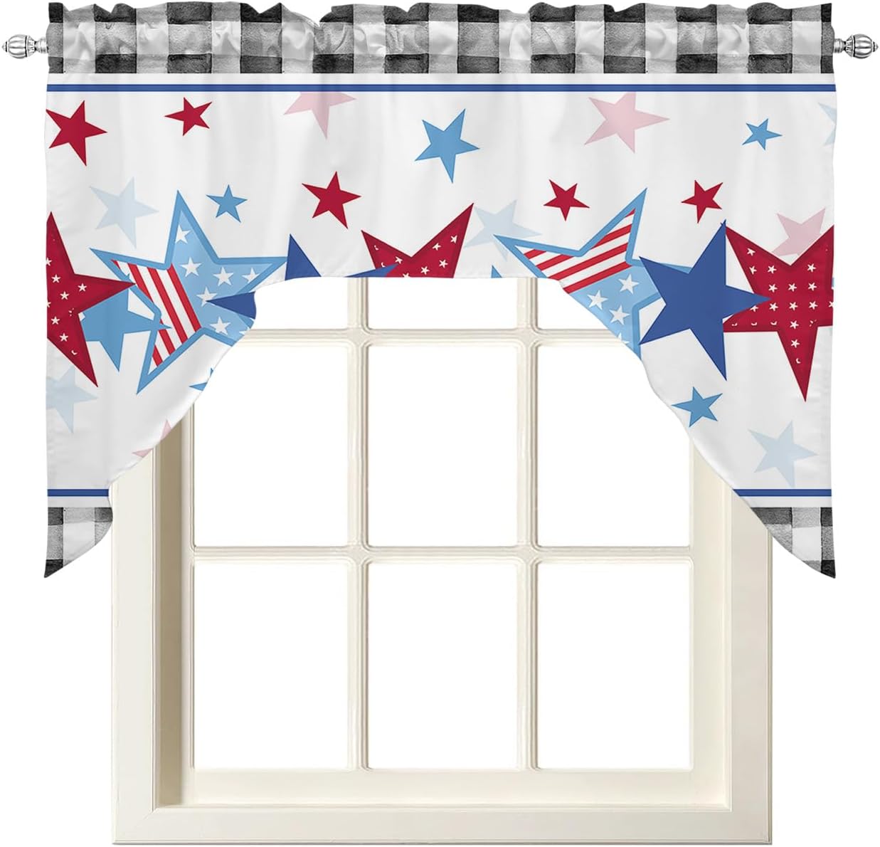 Buffalo Plaid Swag Curtain Tier Kitchen Rustic Valance Set Independence Day Star Rod Pocket Design Window Treatments Valance Bedroom Privacy Light Filtering Drapes Panels, 56x36in