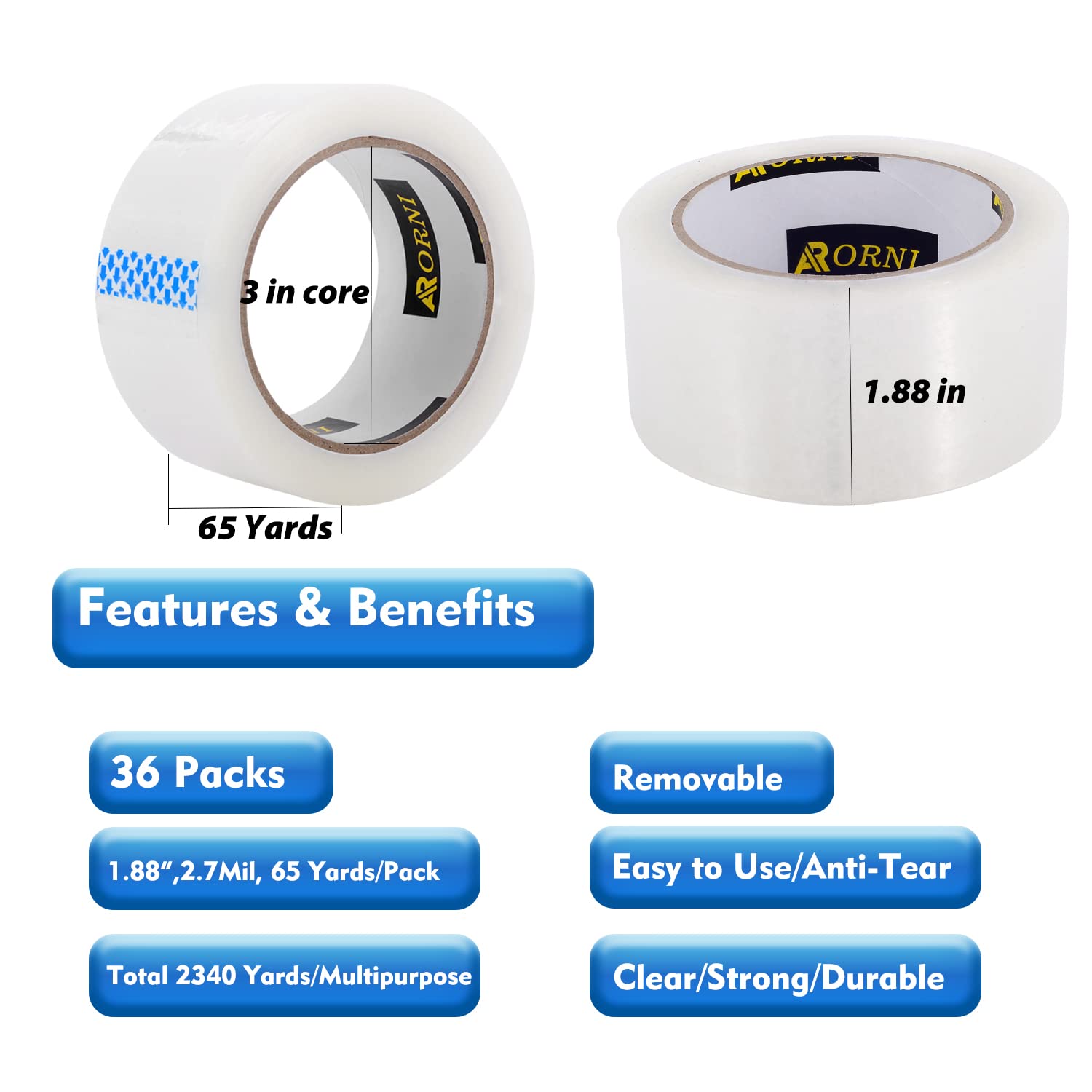 Transparentes Packband, robuste Nachfüllrollen, Versiegelung, ideal zum Verpacken von Kartons, Versand und Umzugsbedarf, Verpackung, 36 Rollen, 4,8 cm x 60 m, 7,6 cm Kern, 2,7 mm dicker