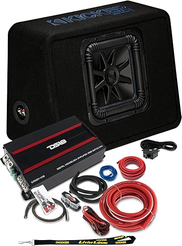 KICKER Subwoofer y amplificador Paquete de 3 artículos carcasa de subwoofer individual L7S de 10 pulgadas con ventilación de 1200 W, amplificador