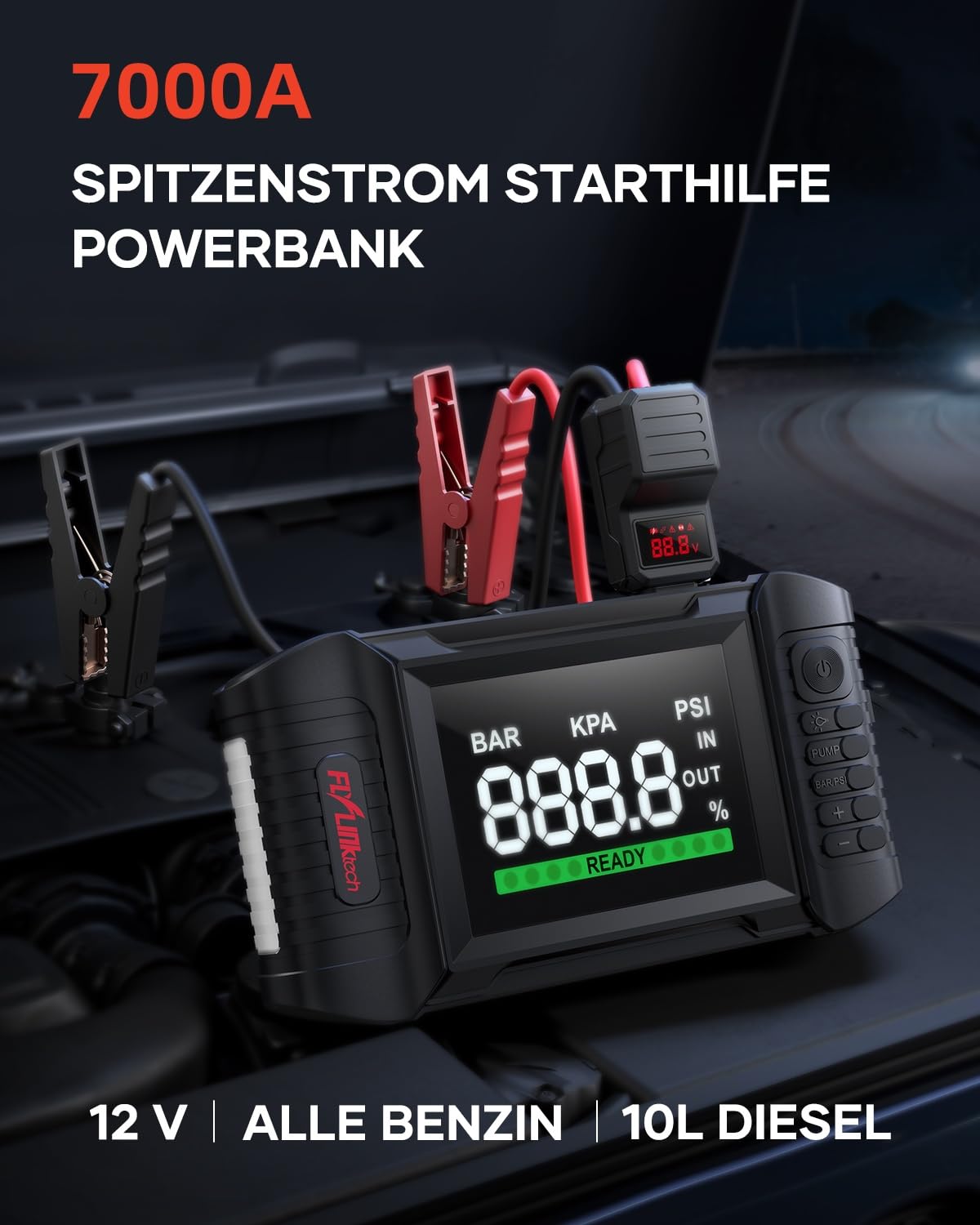 FLYLINKTECH Starthilfe Powerbank mit Kompressor, 150PSI 7000A Spitzenstrom Starter Powerbank für Alle Benzinmotor oder 10,0L Dieselmotoren,Auto Starthilfe mit LED Bildschirm und LED-Taschenlampe