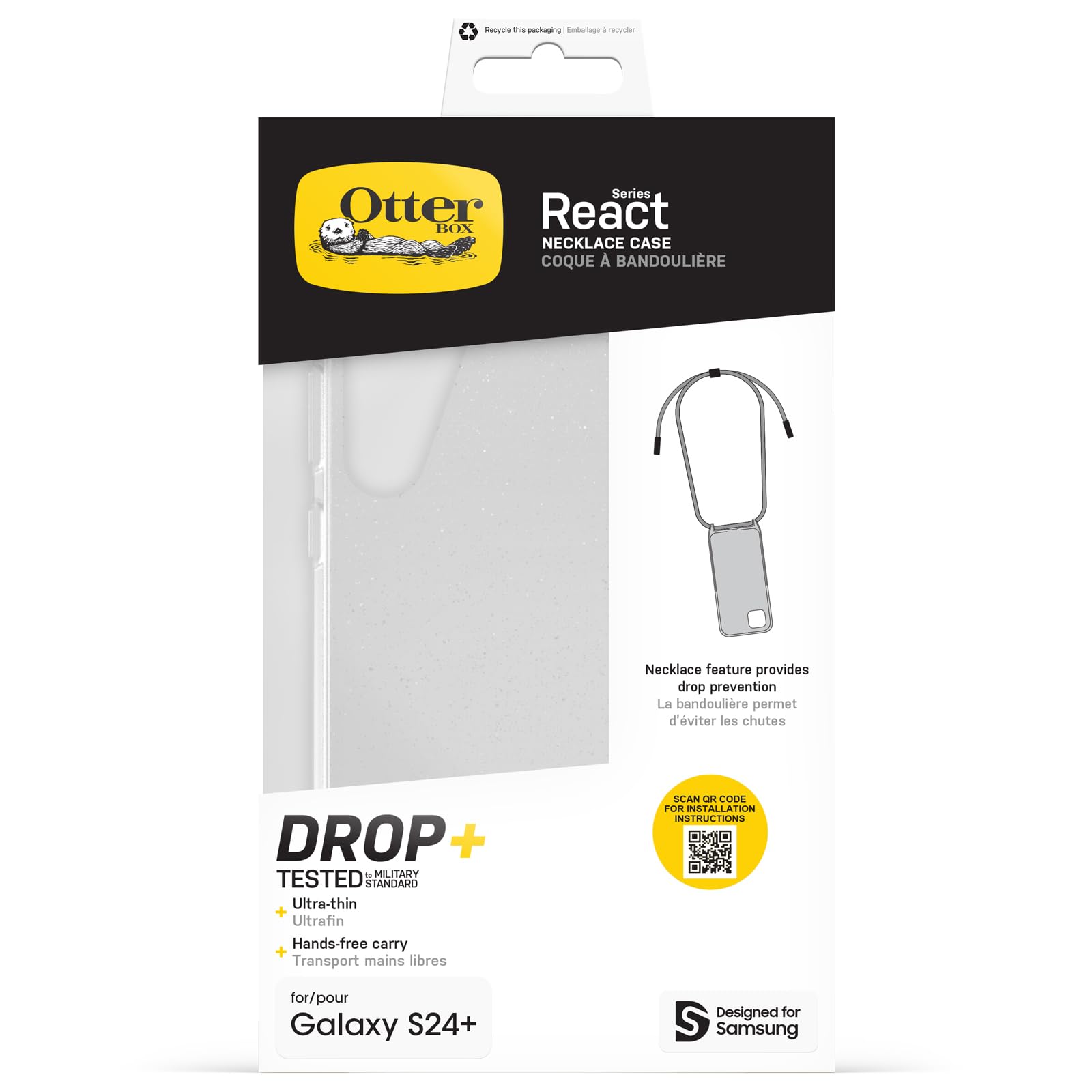 OtterBox Cover React Necklace per Samsung Galaxy S24+, Custodia sottile, Resistente a shock con cordino a collana, Adattabile e intercambiabile, Testata a norme MIL STD 810G, Stardust