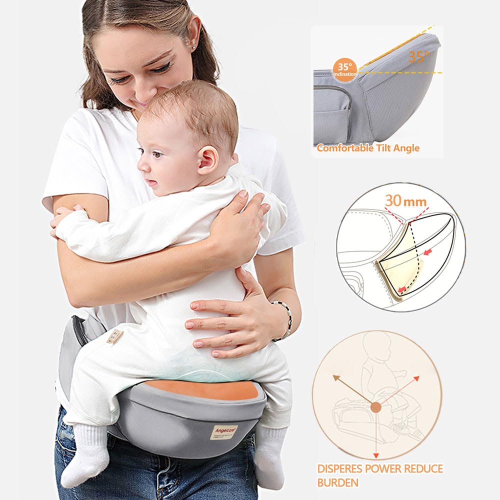 ANGELBB Baby Hip Seat Carrier with Pockets Ergonomic Infant Waist Stool Adjustable Belt Multiple Safe Guaranteed Fabric Anti-Slip Lightweight for Newborn Shower (Grey)