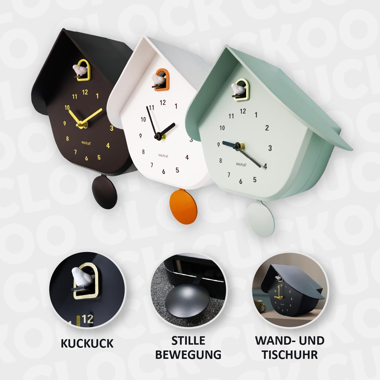 WALPLUS Schwarz Kuckucksuhr Modern mit Stundenruf Einstellbarer Lautstärke Singender Vogel Kuckucksuhr mit Lautlosem Modus Batteriebetriebene Kuckucksuhr Pendel für Wanddekoration