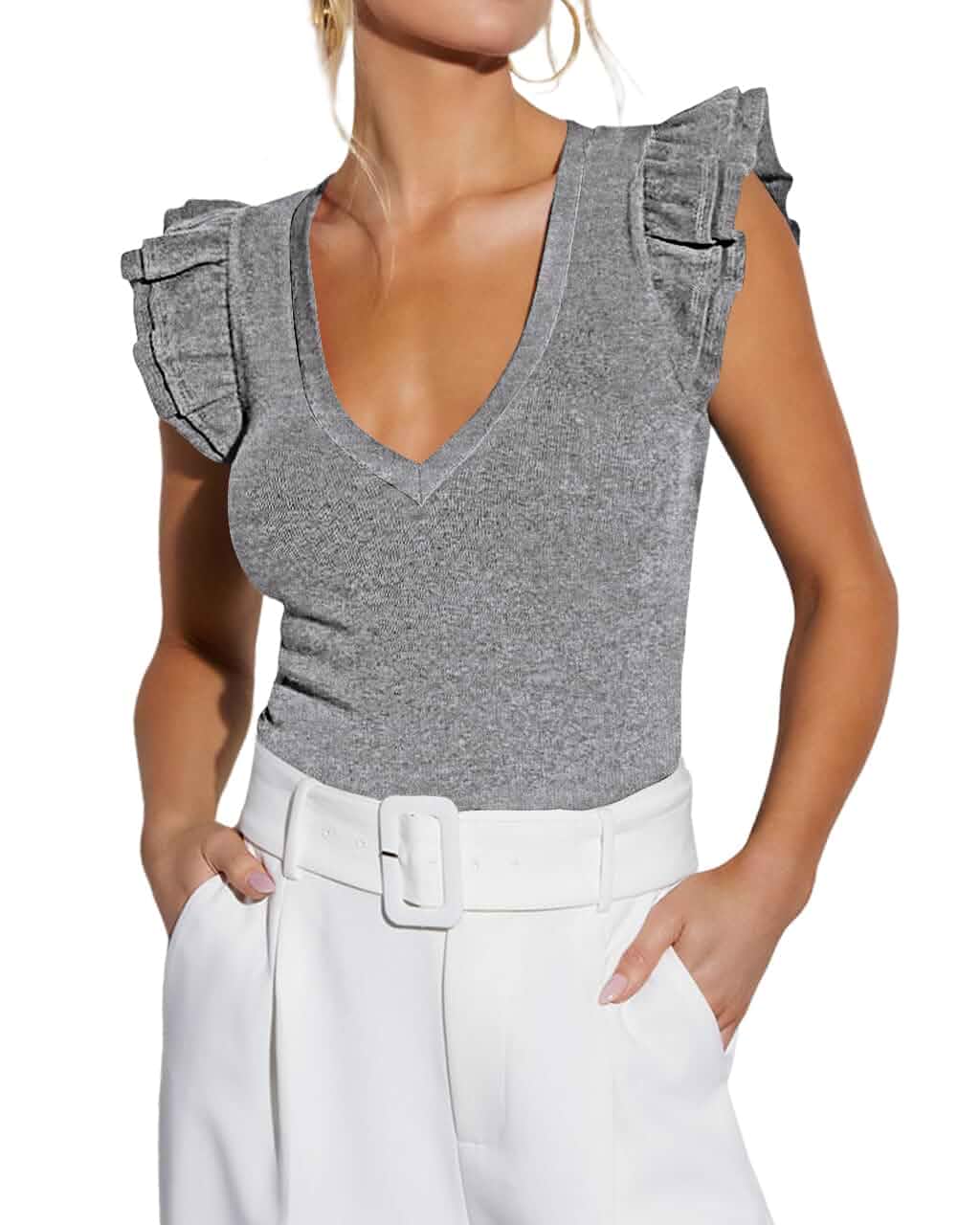 Ezbelle Women's Summer Sleeveless Tops V Neck Ruffle Shirts Knit Ribbed Tank Top Sexy Blouse Cape Sleeve
