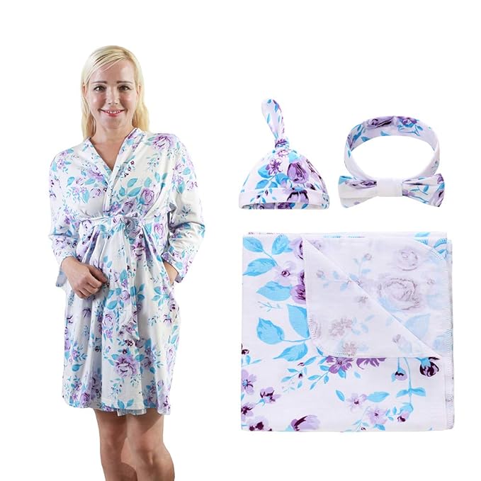 4 Pack Maternity Robe and Matching Baby Swaddle Blanket