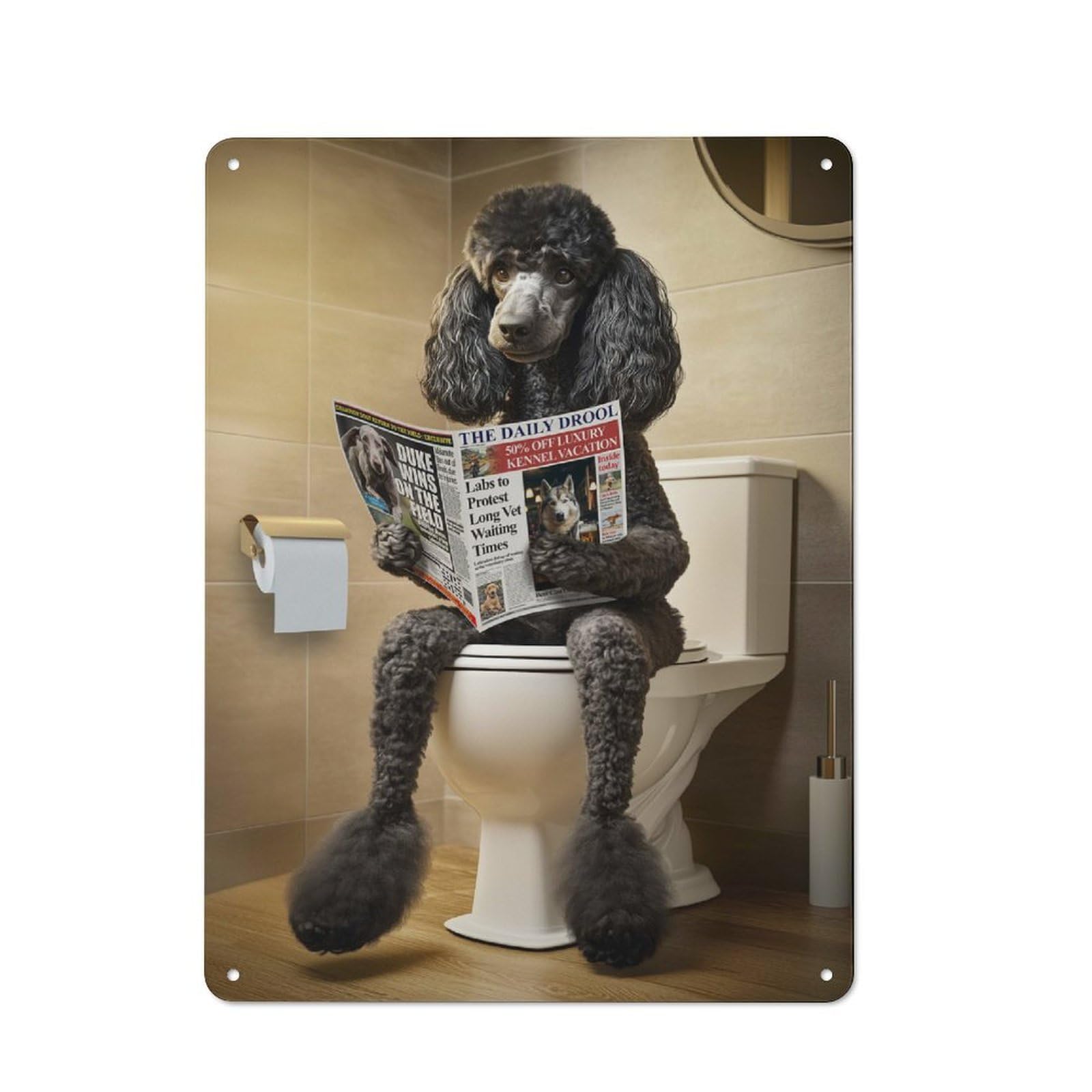Junmoney Style-20 Poodle On The Toilet Workshop Style Metal Wall Decor 40X30cm, Decorative Metal Plaque For Garage, Workshop, Shed Or Utility Room