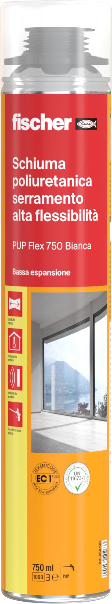 Fischer PUP FLEX 750 Schiuma Poliuretanica per Infissi e Telai di Serramenti, Elevato Isolamento Termoacustico, Flessibile e Modellabile, 559708