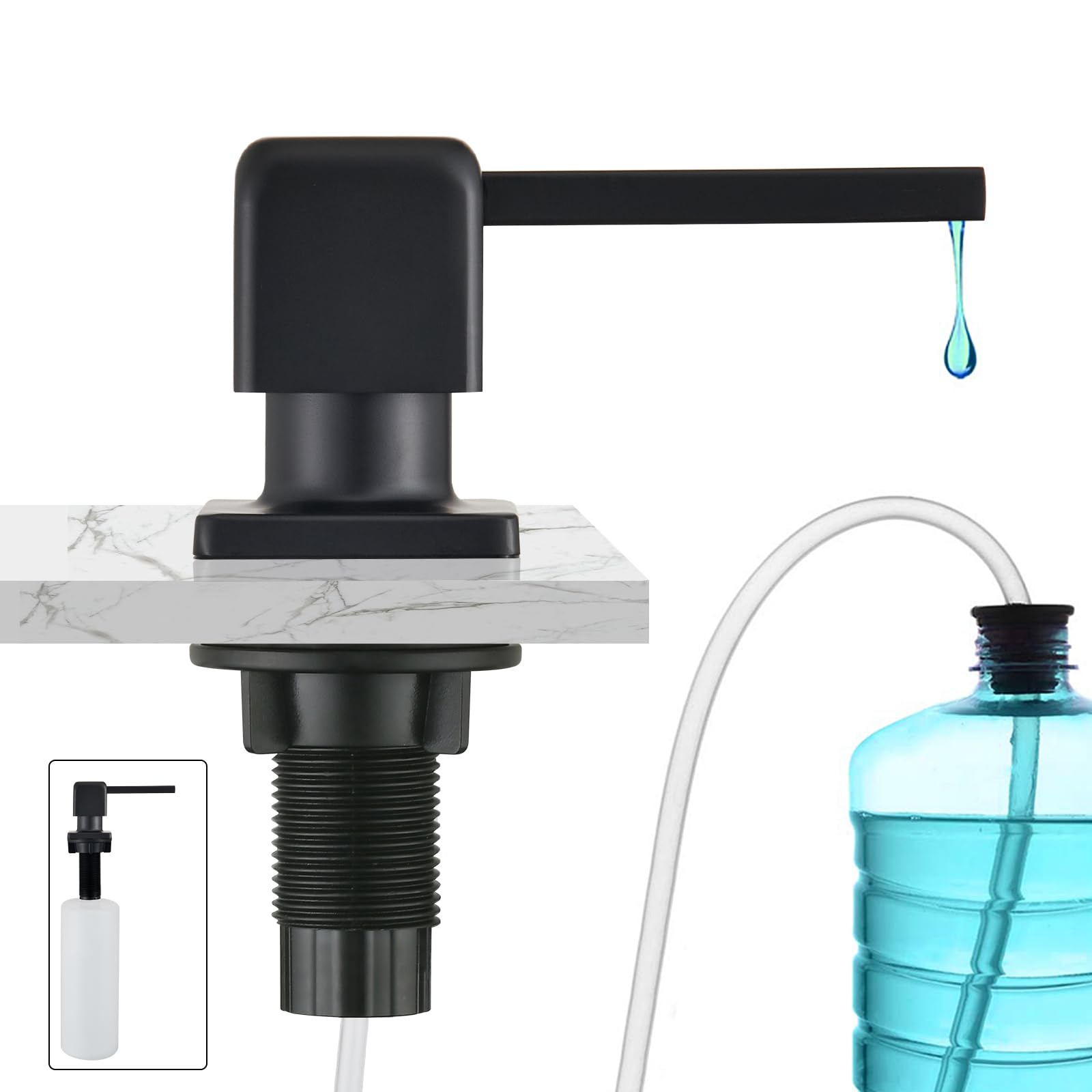 CREA Dispensador de Jabón de Cocina, Dosificador Jabón Cocina Bajo Encimera, Dispensador de Jabón para Fregadero con Botella de 500 ml y Manguera de Extensión de 1,0 m, Llenado Desde Arriba, Negro