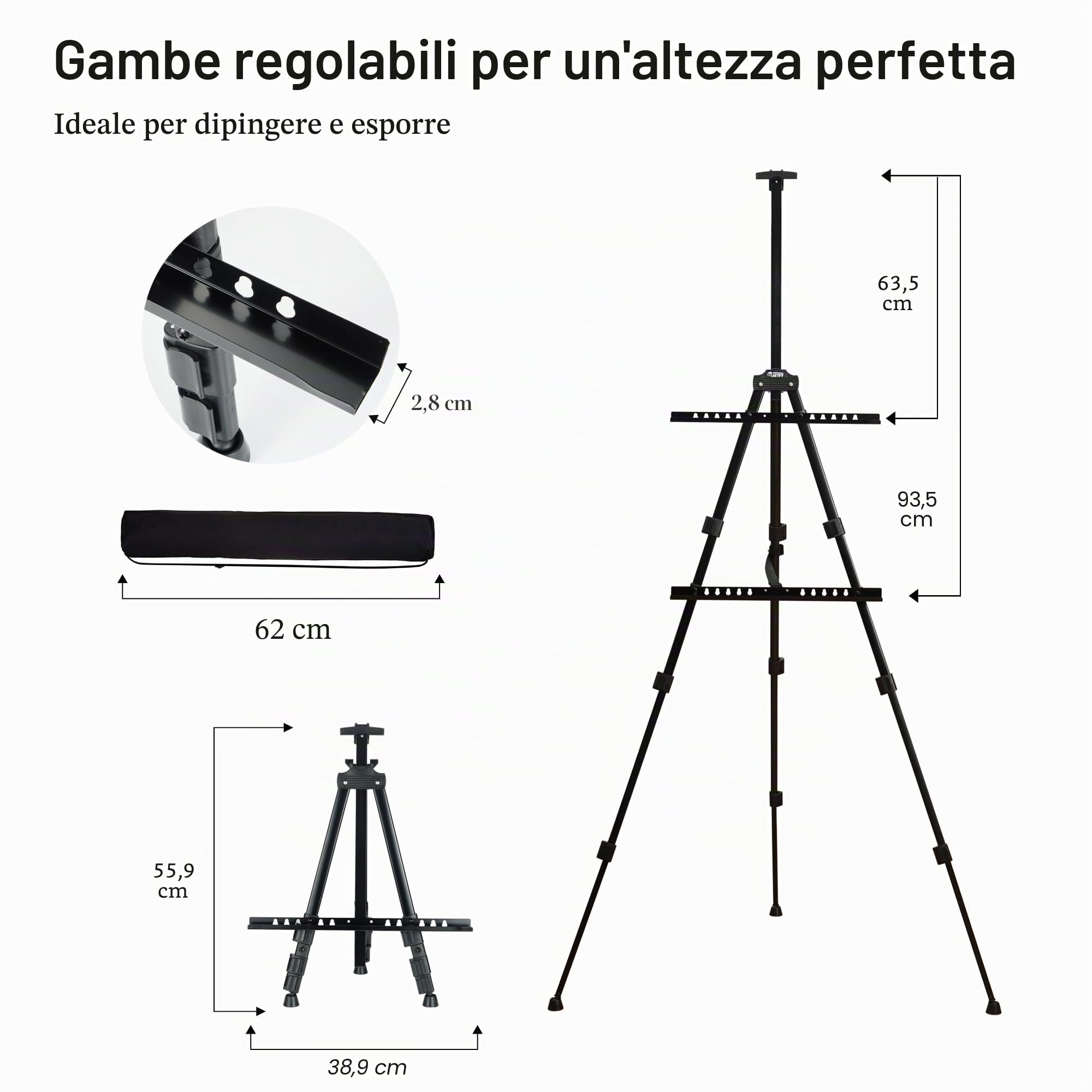Artify - Cavalletto, treppiede in Alluminio per dipingere e esporre con Una Borsa da Trasporto Ecologica e Pezzi di Ricambio (1-Pack, 66''B)