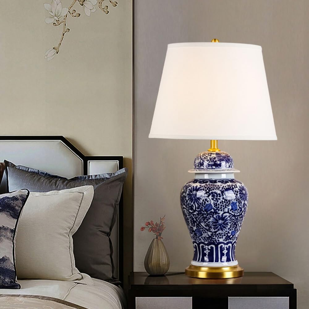 Ceramiczna Lampa Stołowa, Lampa Nocna W Stylu Rustykalnym Z Białym Lnianym Abażurem | Nowoczesna Lampka Nocna Do Sypialni I Salonu – Pilot – M, Przełącznik Przyciskowy – L