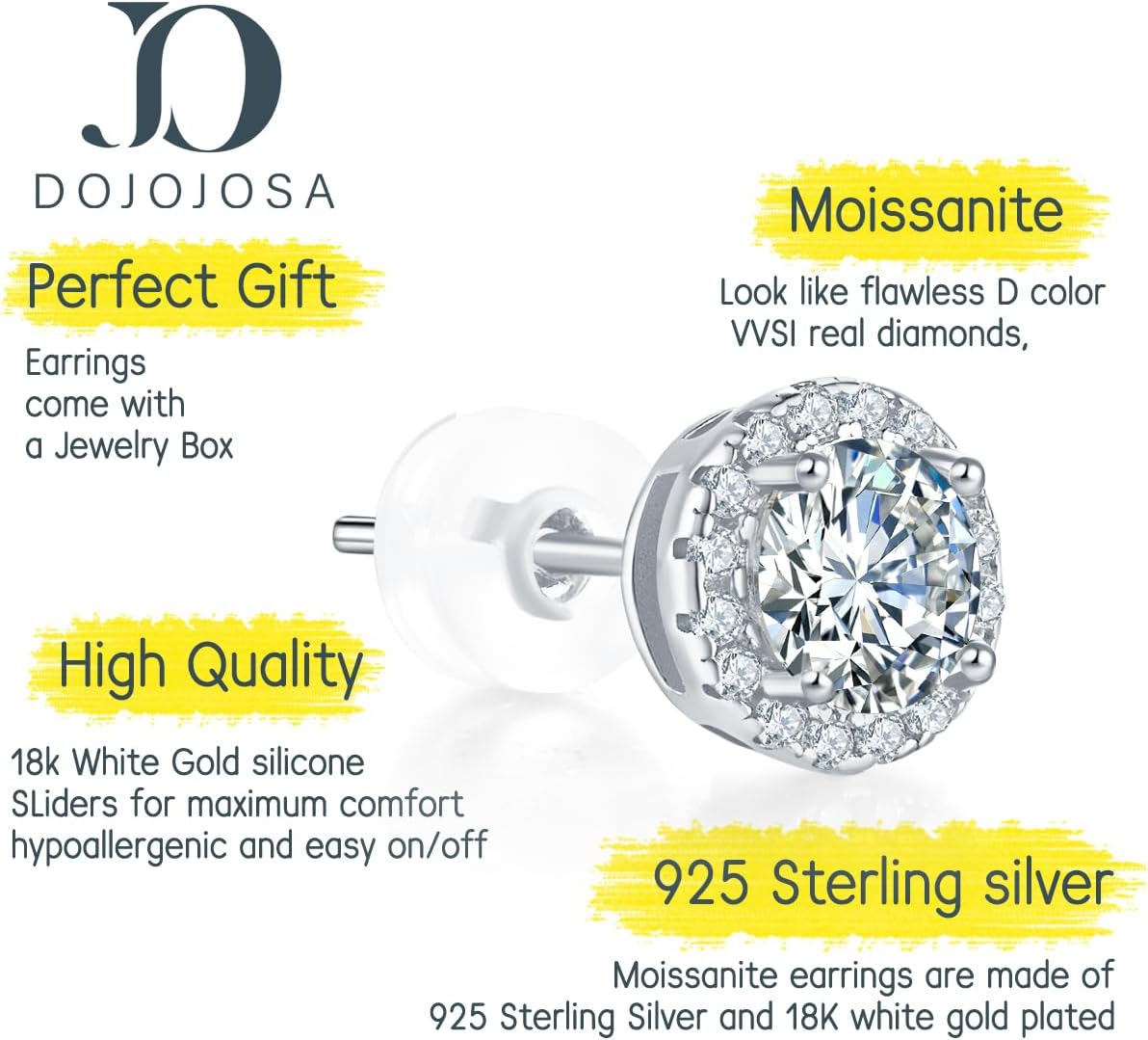 Moissanite Stud Earrings 925 Sterling Silver Lab Created Earrings for Women Men DOJOJOSA Jewelry Gifts - Image 2