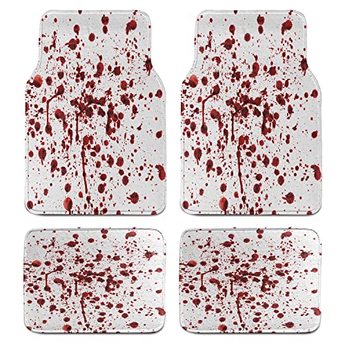 Ambesonne Horror Car Mat Set of 4, Splashes of Blood Grunge Style Bloodstain Horror Scary Zombie Halloween Themed Print, Front & Back Seat Floor Mat Durable PVC Backing Car Accesory, Red White