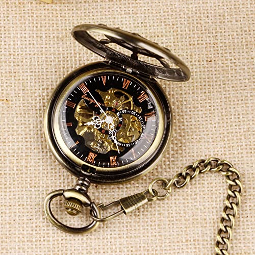 Image of Men's Mechanical Hollow Rudder Design Hand Wind Pocket Watch Roman Numerals Steampunk with Chain Box