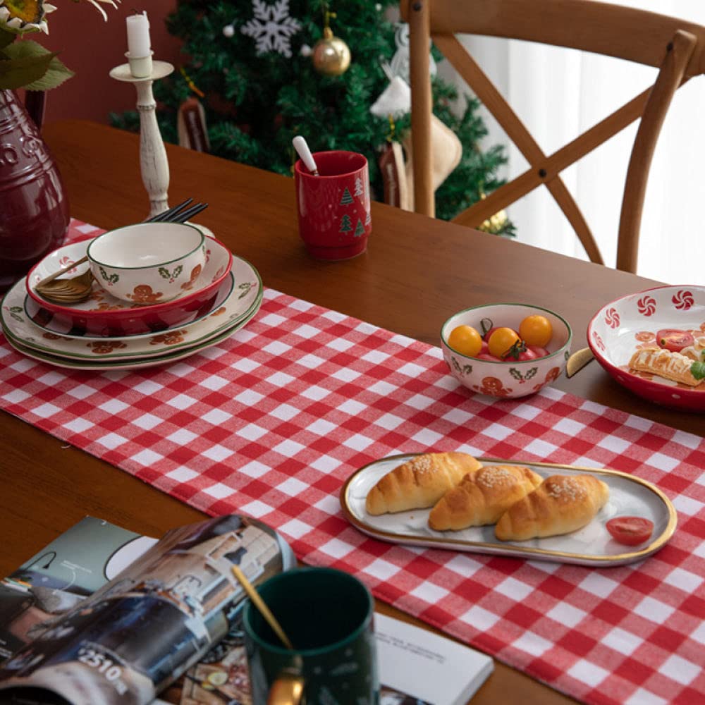 Tapetes Para Mesa,Camino De Mesa De Arpillera Caminos De Mesa Navideños Mesa Clásica Roja A Cuadros Blanca Para Sala De Estar Mesa De Comedor Navideña Fiesta Decoración Navideña, 30X220Cm