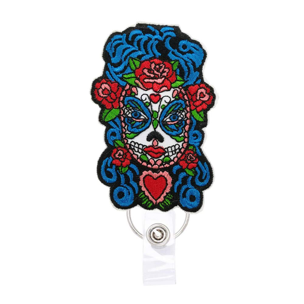 Reeleer Halloween Sugar Skull Badge Reels Retractable, with Alligator Clip and Key Ring, 24 inches Thick Pull Cord