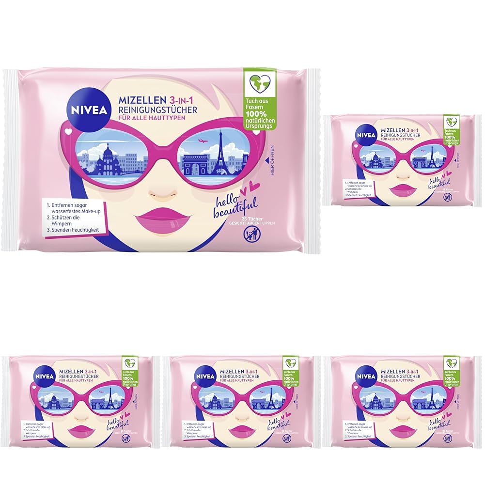 NIVEA 3in1 Mizellen Reinigungstücher, sanfte Gesichtsreinigungstücher mit Provitamin B5, milde Abschminktücher entfernen Make-Up & wasserfeste Mascara (25 Stück) (Packung mit 5)
