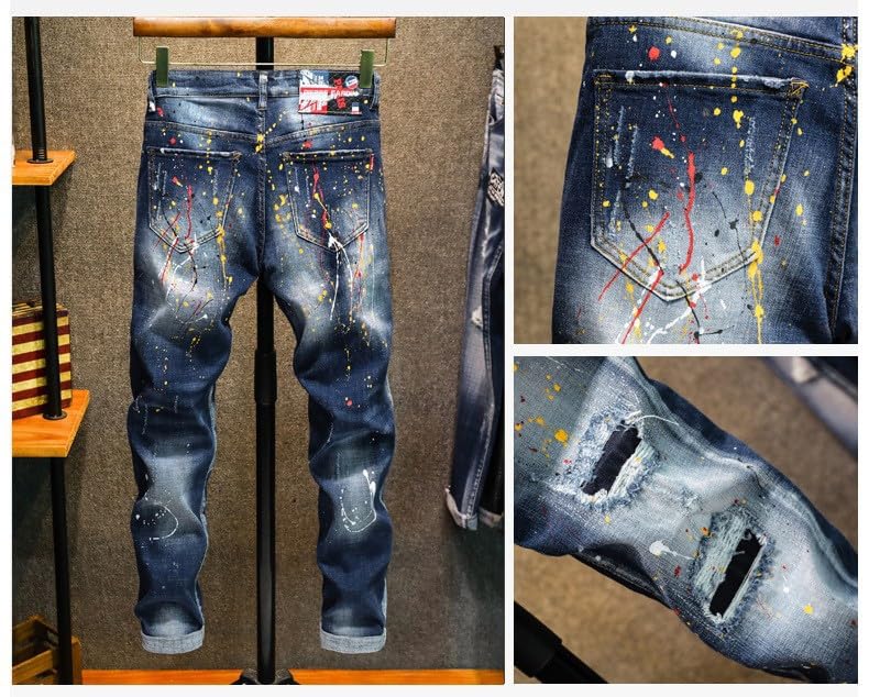 Men Street Jeans Retro Blue Paint Splatter Slim Fit Ripped Jeans Mens Stretch Trousers Hip Hop Denim ​​Trousers4
