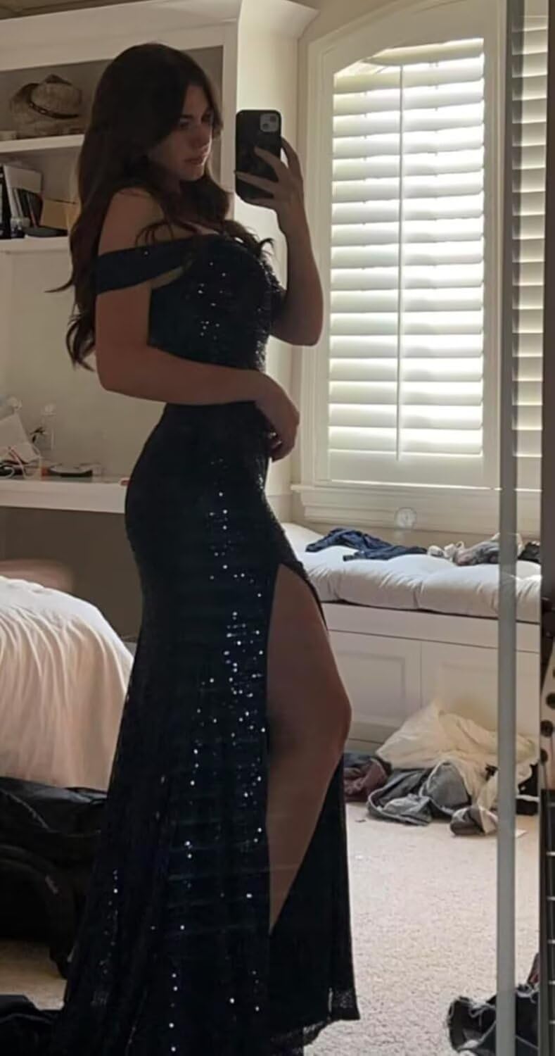 Eightale Vestido largo de sirena con lentejuelas y hombros descubiertos y abertura plisada, vestido de noche formal para fiesta