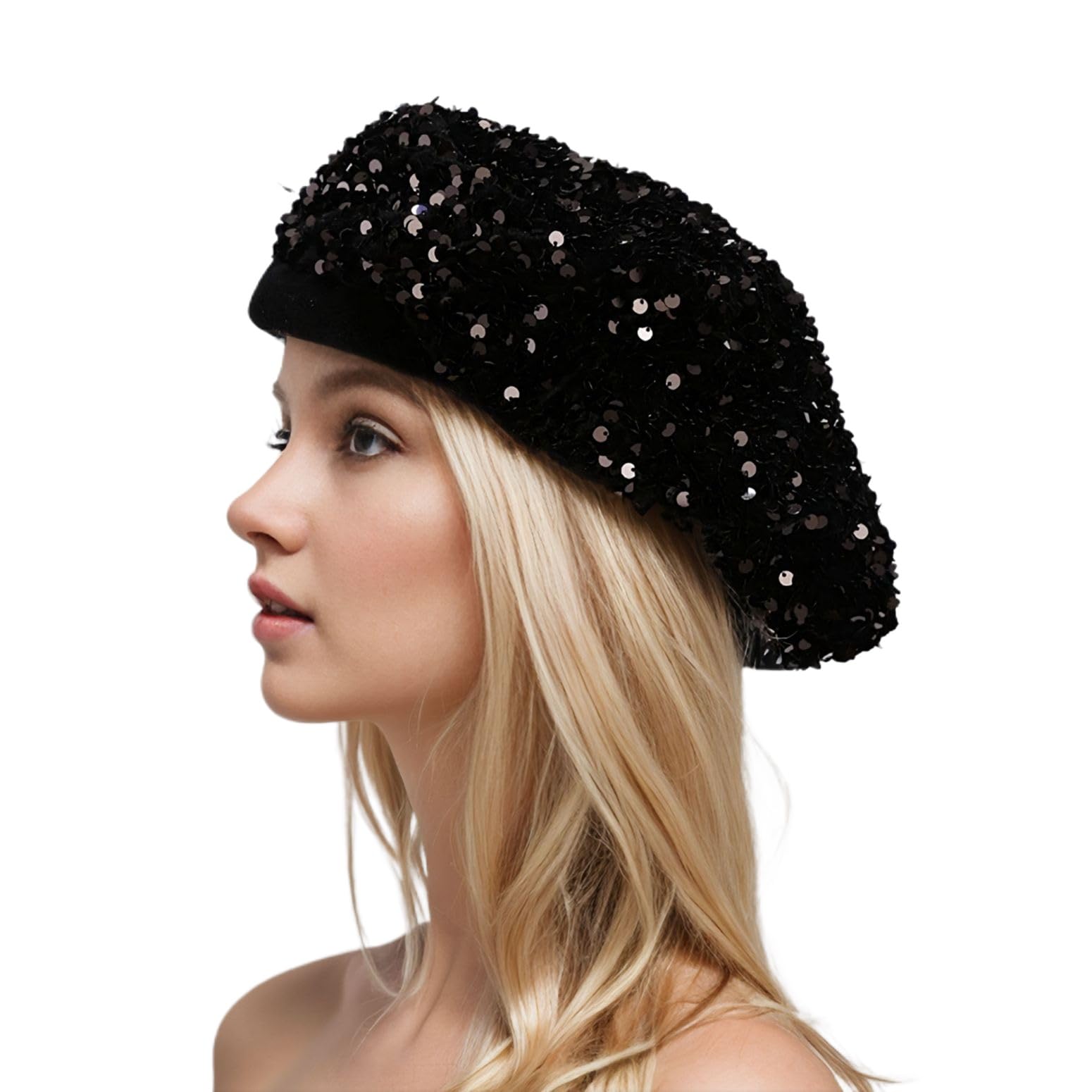 Jdlsppl Women's Mardi Gras Hat Winter Cap Party Sequin Disco Fashion Classic Anti Slip Metallic Beret Hat Black One Size
