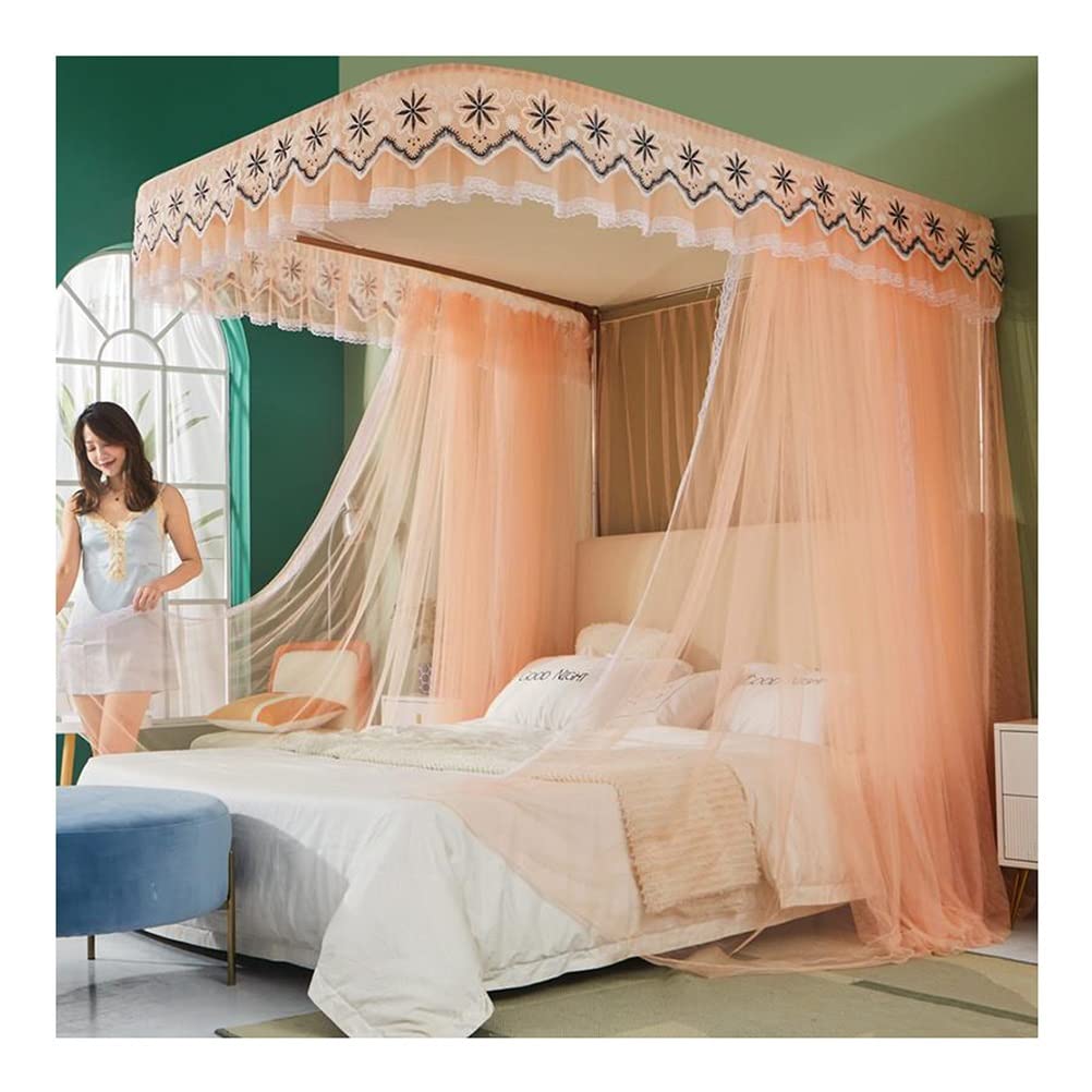 GTHTUHFD Summer Bed Canopy Mosquito Net, Single Bed Double Bed King Bed Curtain With Metal Support, Romantic Bedroom Decoration,Pink-180X220CM