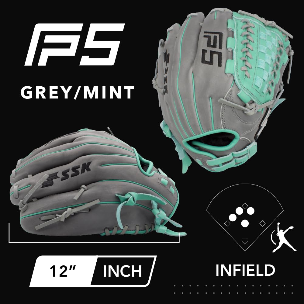 SSK FP5 Fastpitch Softball Glove – Infield - Outfield - Pitcher – 11.5”-11.75”-12”-12.25”-12.5”-12.75”-13”– Right & Left Hand Throw (Grey/Mint - Laced Basket Web, 12